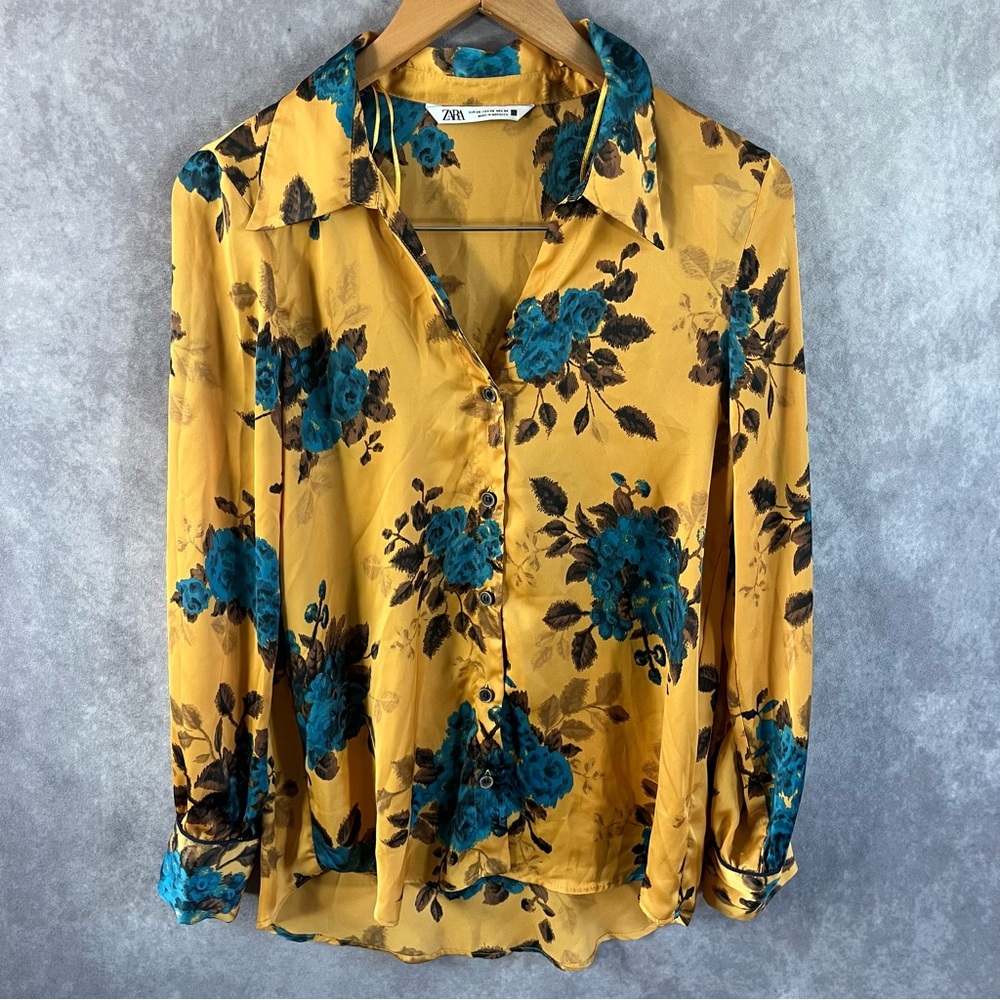 Zara Blouse Womens XS Mustard Yellow Shirt Floral Button Long Sleeve Collar Top‎